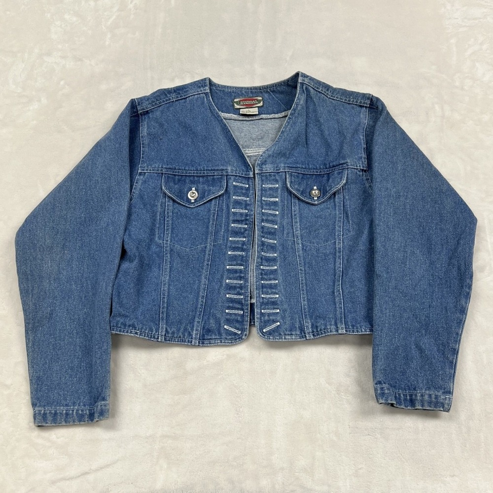Starwear Jeanswear Denim Jacket Womens Large Blue Collarless Cropped Contrast